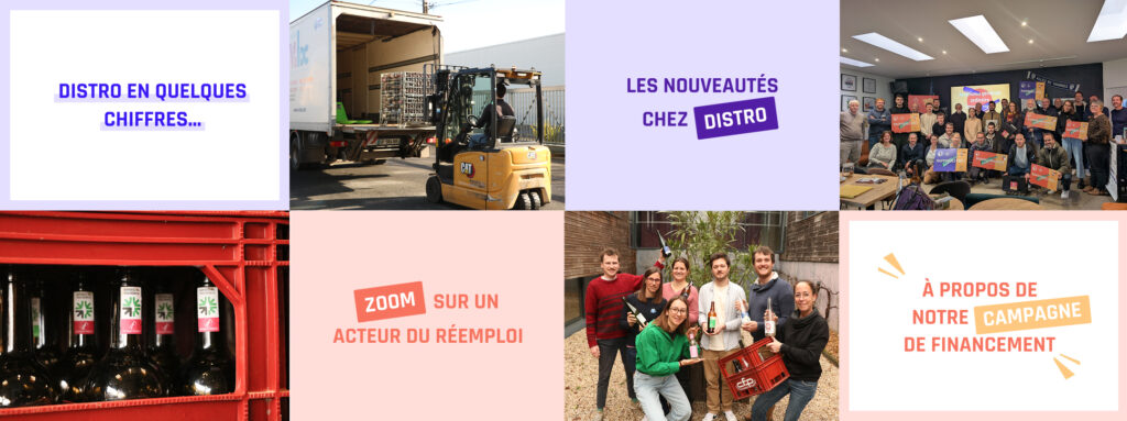 Images et noms des sections dans infolettre ("Distro en quelques chiffres", "Les nouveautés chez Distro", "Zoom sur un acteur du réemploi", "a propos de notre campagne de financement"
